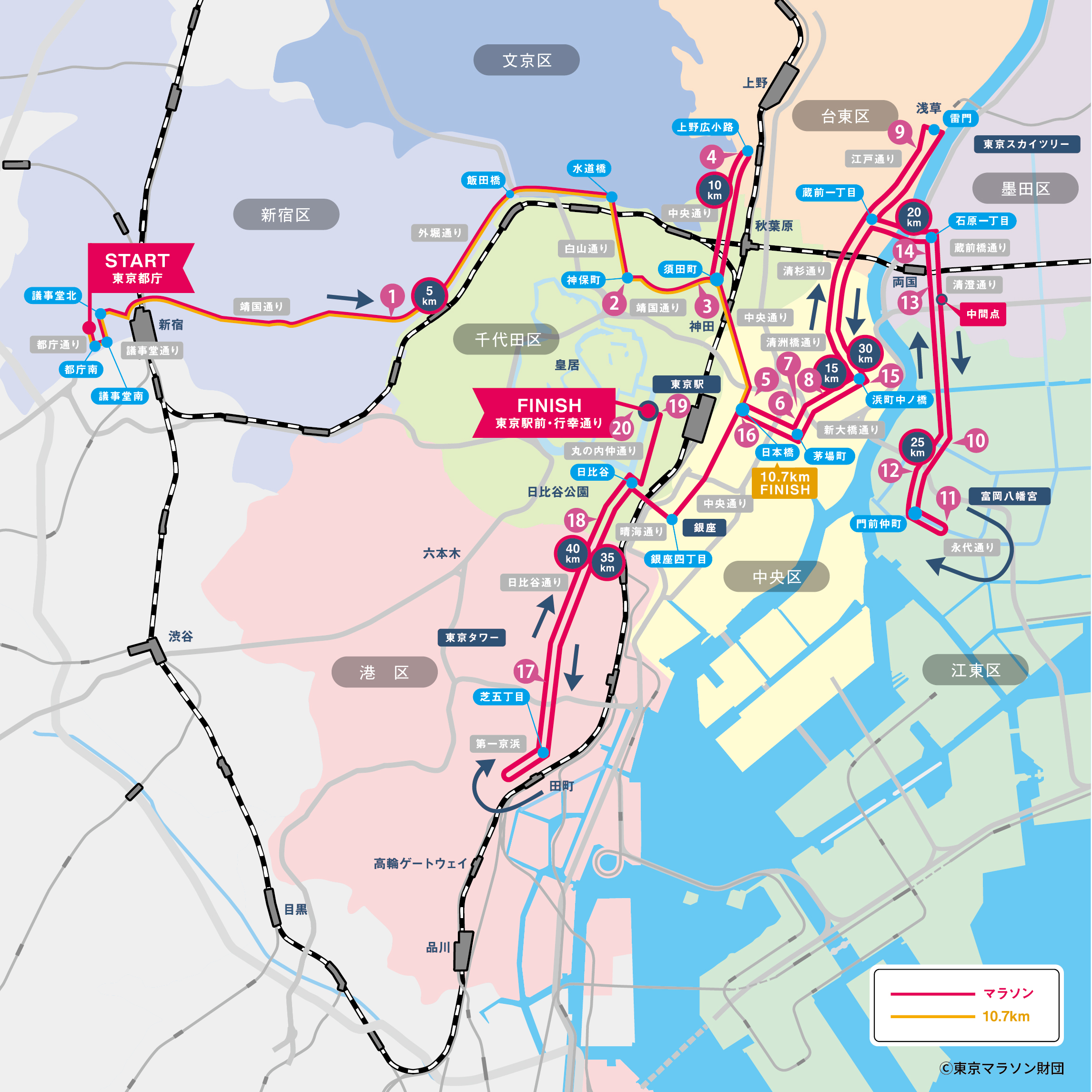 東京マラソンランナー応援イベント「TOKYO CHEER 2026」の会場の一覧表です。